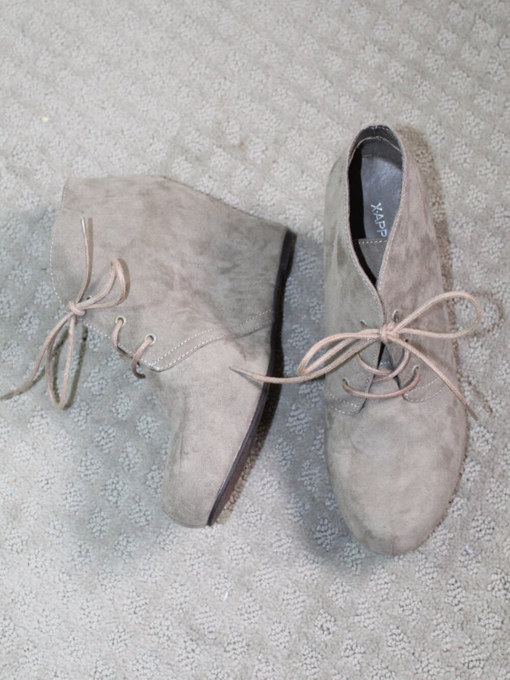 X-Appeal Size 9 Flynn Taupe Faux Suede Hidden Lift Wedge Heels